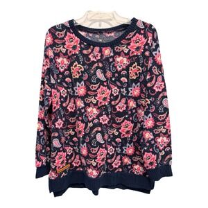 Simply Southern L Floral Paisley Pullover Navy Pink Long Sleeve Crewneck Sweater